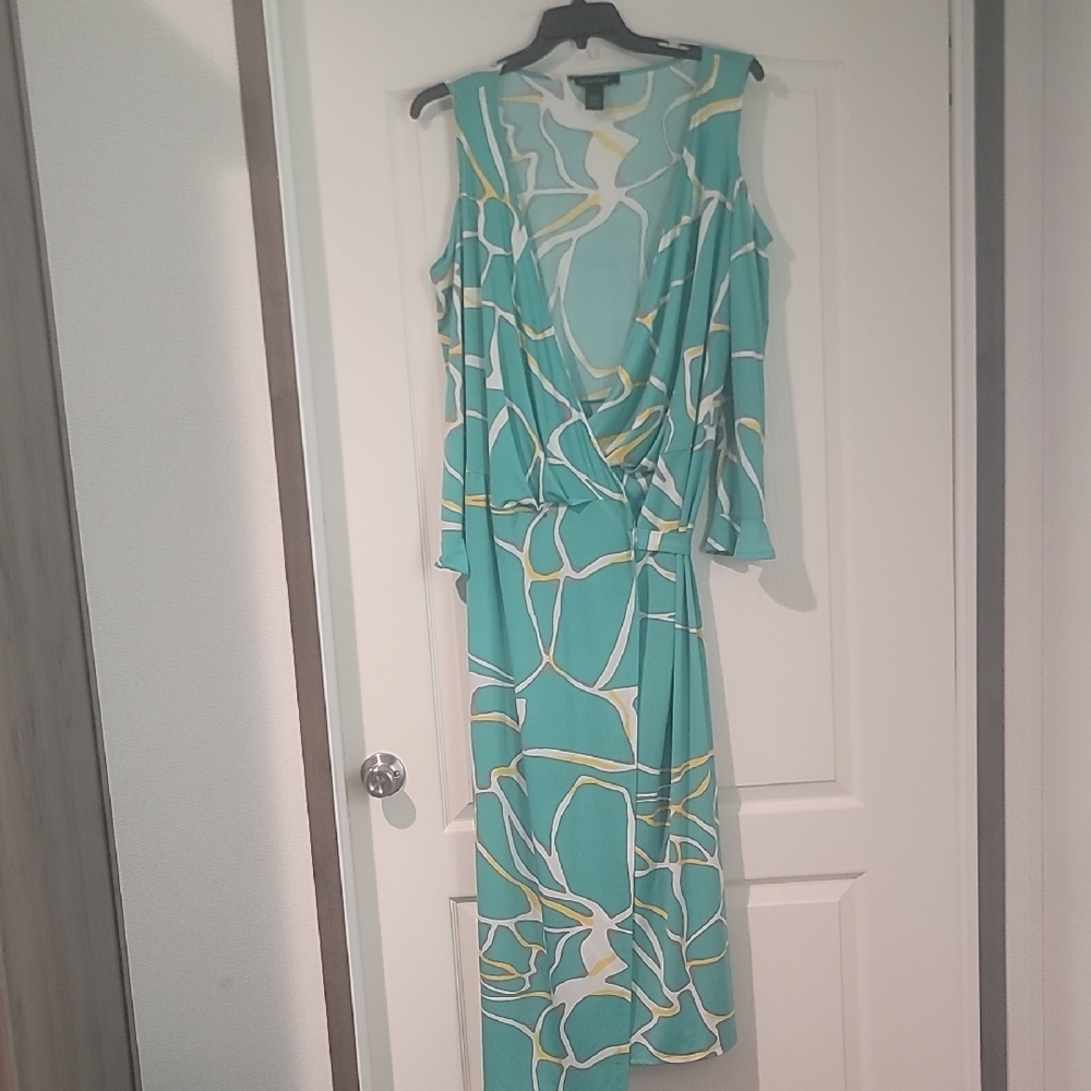 Ashley Stewart Womans Plus Elegant Teal and White Wrap Dress Size 18/20